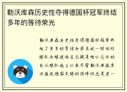 勒沃库森历史性夺得德国杯冠军终结多年的等待荣光